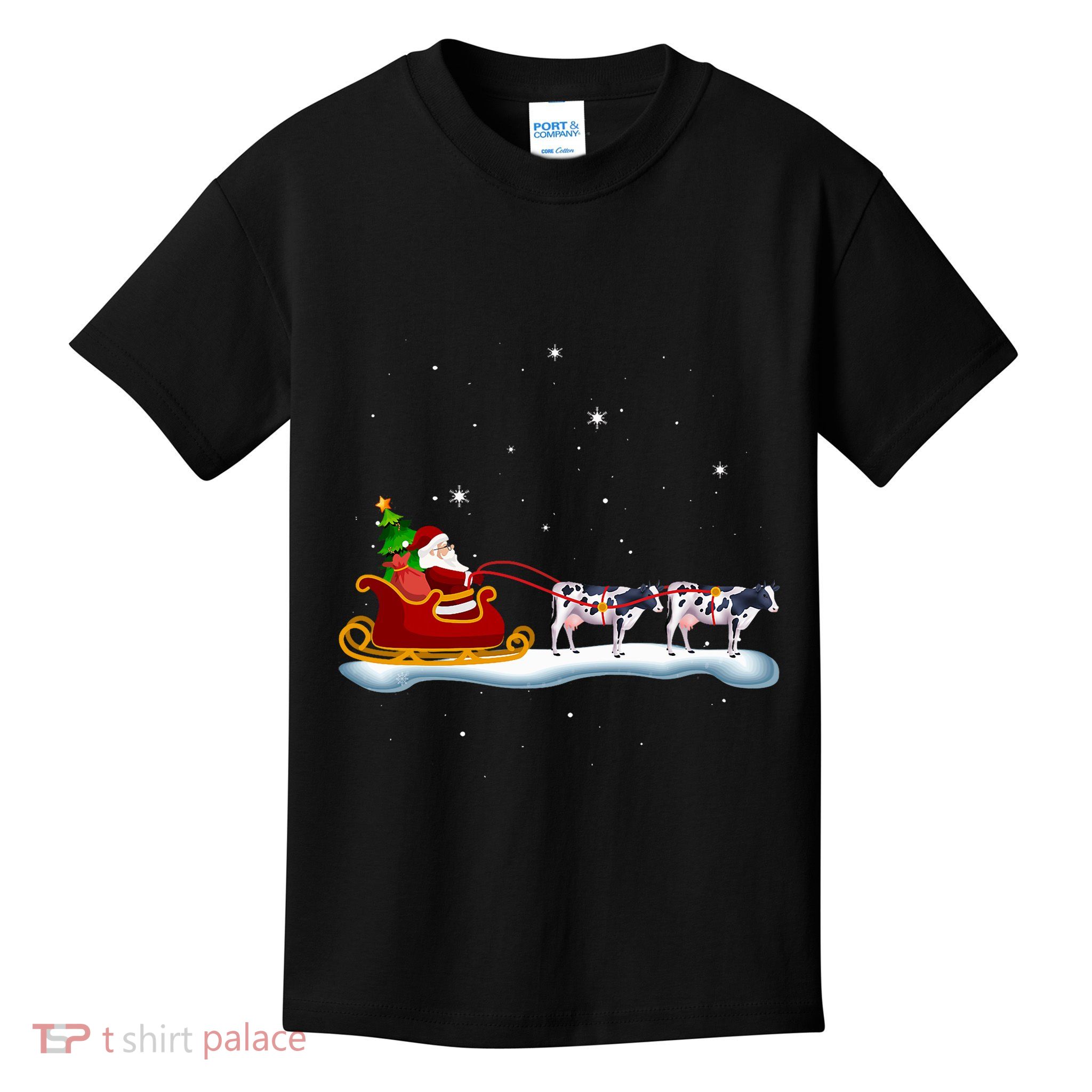 Cow Santa Christmas Sleigh Cow Xmas Reindeer Farm Animal Kids T-Shirt