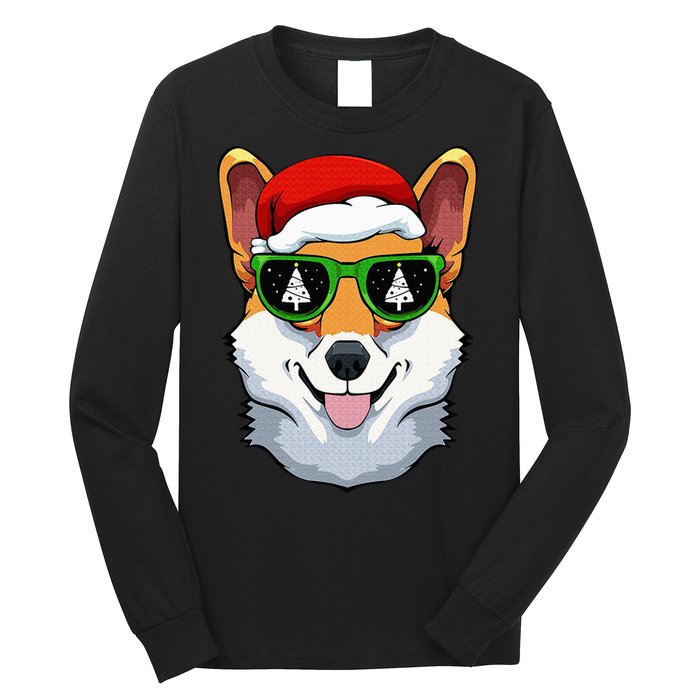 Corgi Sunglasses Christmas Pajama Dog Santa Hat XMas Tree Long Sleeve Shirt