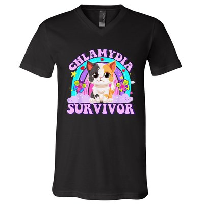 Chlamydia Survivor Cat Rainbow Gift V-Neck T-Shirt