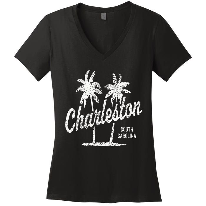 Charleston South Carolina Vintage 70s Palm Trees Women's V-Neck T-Shirt