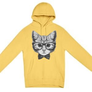 Cute Smart Cat Wearing Glasses Bow Tie Animal Lover Premium Pullover Hoodie