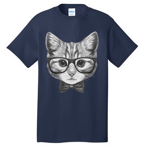 Cute Smart Cat Wearing Glasses Bow Tie Animal Lover Tall T-Shirt