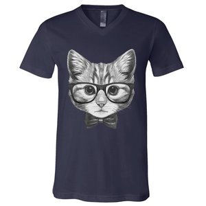 Cute Smart Cat Wearing Glasses Bow Tie Animal Lover V-Neck T-Shirt