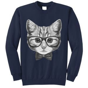 Cute Smart Cat Wearing Glasses Bow Tie Animal Lover Tall Sweatshirt