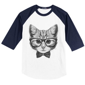 Cute Smart Cat Wearing Glasses Bow Tie Animal Lover Baseball Sleeve Shirt