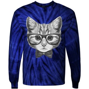 Cute Smart Cat Wearing Glasses Bow Tie Animal Lover Tie-Dye Long Sleeve Shirt