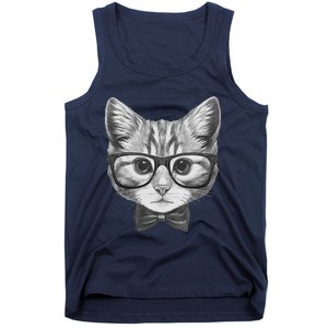 Cute Smart Cat Wearing Glasses Bow Tie Animal Lover Tank Top