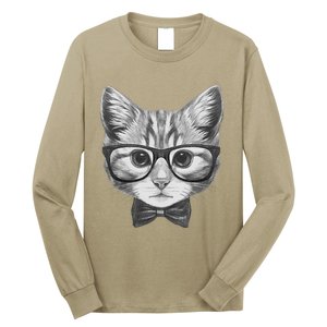 Cute Smart Cat Wearing Glasses Bow Tie Animal Lover Long Sleeve Shirt