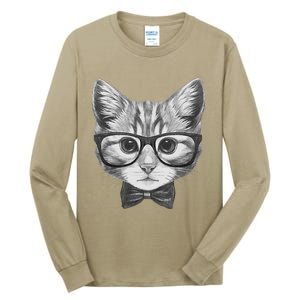 Cute Smart Cat Wearing Glasses Bow Tie Animal Lover Tall Long Sleeve T-Shirt