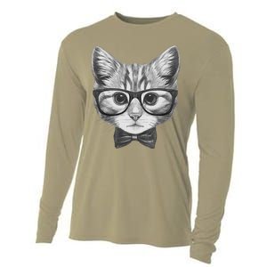 Cute Smart Cat Wearing Glasses Bow Tie Animal Lover Cooling Performance Long Sleeve Crew