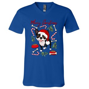 Cute Sweet Christmas Puppy Terrier With A Santa Hat Dog Mom Gift V-Neck T-Shirt