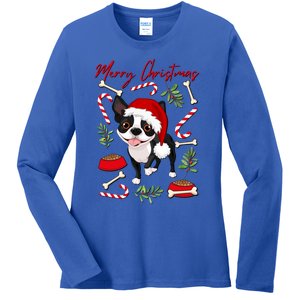 Cute Sweet Christmas Puppy Terrier With A Santa Hat Dog Mom Gift Ladies Long Sleeve Shirt