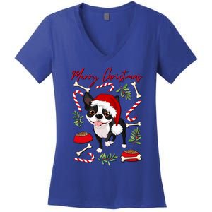 Cute Sweet Christmas Puppy Terrier With A Santa Hat Dog Mom Gift Women's V-Neck T-Shirt