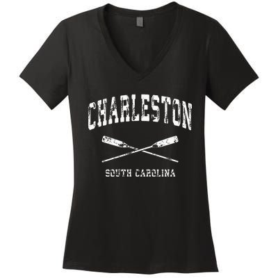 Charleston South Carolina Vintage Nautical Crossed Oars Women's V-Neck T-Shirt