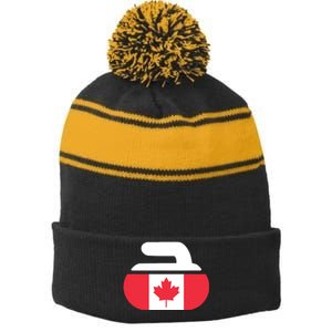 Curling Stone Canada Curler Canadian Flag Curling Stripe Pom Pom Beanie