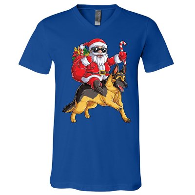 Christmas Santa Claus Riding Ger Shepherd Xmas Dog Cute Gift V-Neck T-Shirt