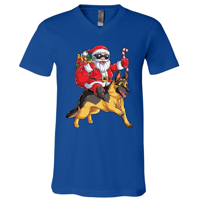 Christmas Santa Claus Riding Ger Shepherd Xmas Dog Cute Gift V-Neck T-Shirt