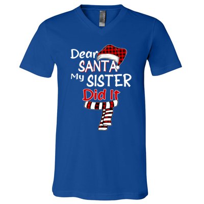 Christmas Santa Claus Red Plaid Dear Santa My Sister Did It Gift V-Neck T-Shirt