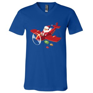 Christmas Santa Claus Pilot Flying Airplane Gift Cool Gift V-Neck T-Shirt