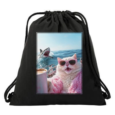 Cool Surprised Cat on Yacht Boat with Shark Kitten Meme Fun Drawstring Bag