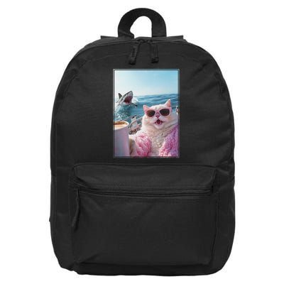 Cool Surprised Cat on Yacht Boat with Shark Kitten Meme Fun 16 in Basic Backpack