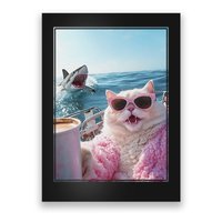 Cool Surprised Cat on Yacht Boat with Shark Kitten Meme Fun Poster