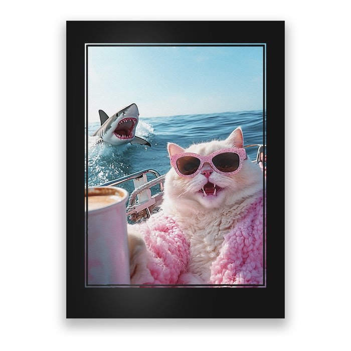 Cool Surprised Cat on Yacht Boat with Shark Kitten Meme Fun Poster