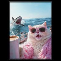 Cool Surprised Cat on Yacht Boat with Shark Kitten Meme Fun Poster