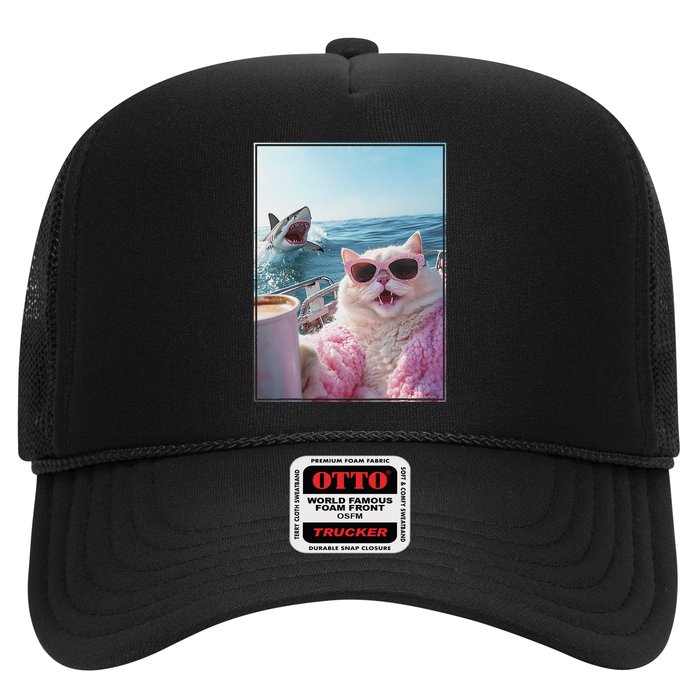 Cool Surprised Cat on Yacht Boat with Shark Kitten Meme Fun Trucker Hat