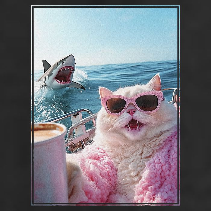 Cool Surprised Cat on Yacht Boat with Shark Kitten Meme Fun Trucker Hat