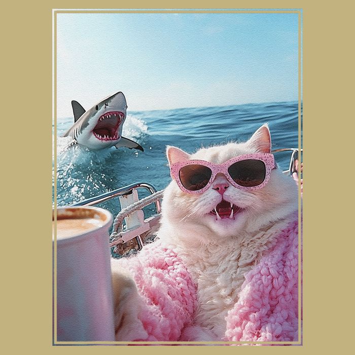Cool Surprised Cat on Yacht Boat with Shark Kitten Meme Fun T-Shirt