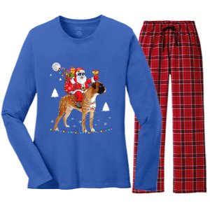 Christmas Santa Claus Riding Boxer Dog Lights Xmas Holiday Cool Gift Women's Long Sleeve Flannel Pajama Set 