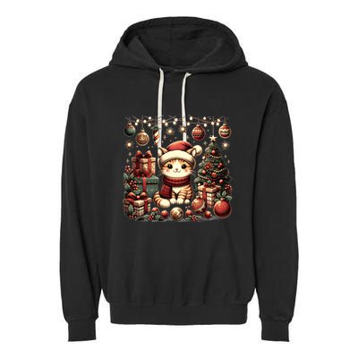 Cute Santa Cat With Christmas Stuff Garment-Dyed Fleece Hoodie