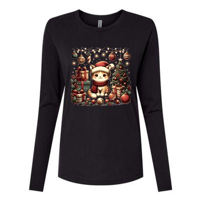 Cute Santa Cat With Christmas Stuff Womens Cotton Relaxed Long Sleeve T-Shirt