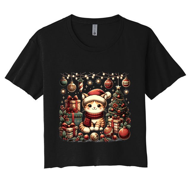 Cute Santa Cat With Christmas Stuff Crop Top