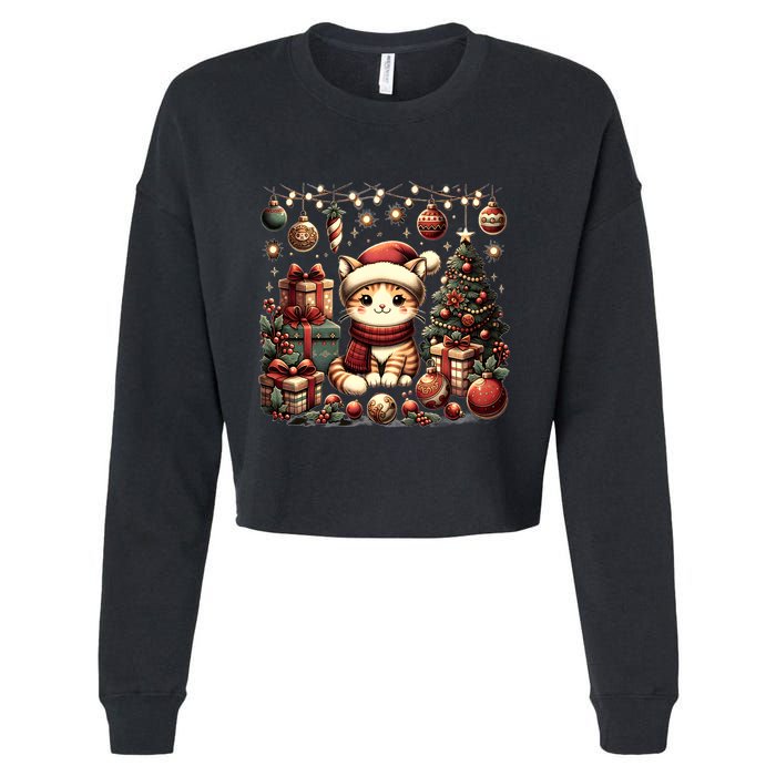 Cute Santa Cat With Christmas Stuff Cropped Pullover Crew