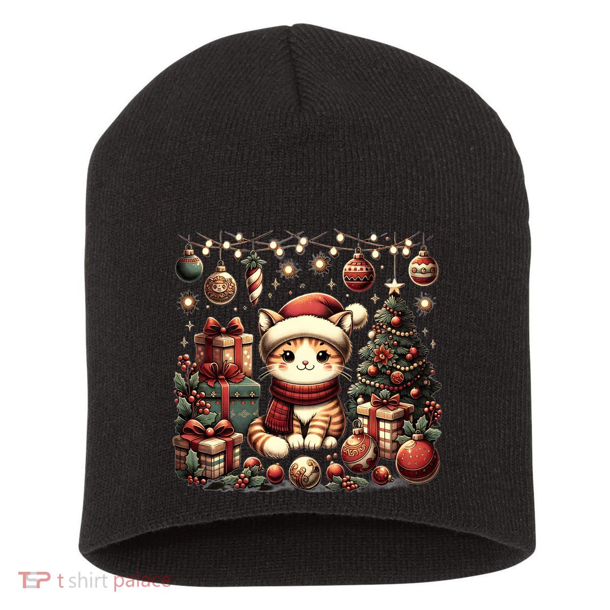 Cute Santa Cat With Christmas Stuff Short Acrylic Beanie