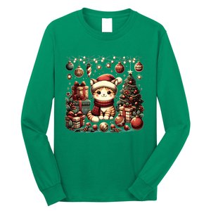 Cute Santa Cat With Christmas Stuff Long Sleeve Shirt