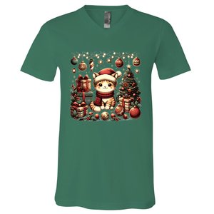 Cute Santa Cat With Christmas Stuff V-Neck T-Shirt