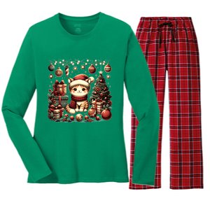 Cute Santa Cat With Christmas Stuff Women's Long Sleeve Flannel Pajama Set 