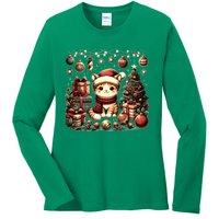 Cute Santa Cat With Christmas Stuff Ladies Long Sleeve Shirt