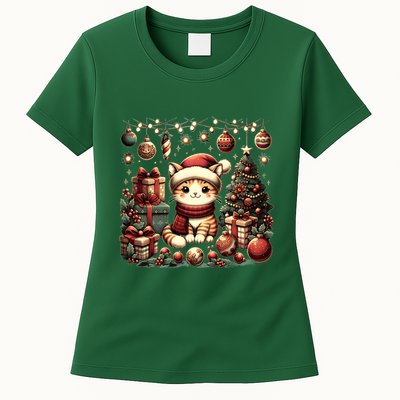 Cute Santa Cat With Christmas Stuff Womens T-Shirt