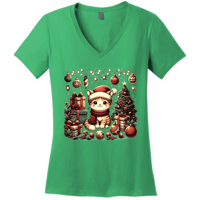 Cute Santa Cat With Christmas Stuff Women's V-Neck T-Shirt