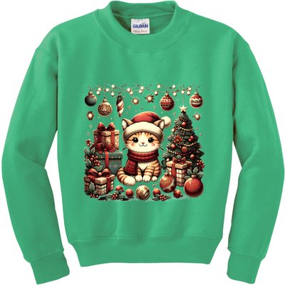 Cute Santa Cat With Christmas Stuff Kids Sweatshirt