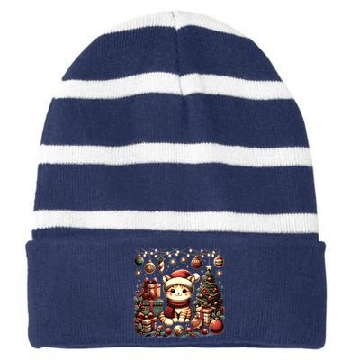 Cute Santa Cat With Christmas Stuff Striped Beanie with Solid Band