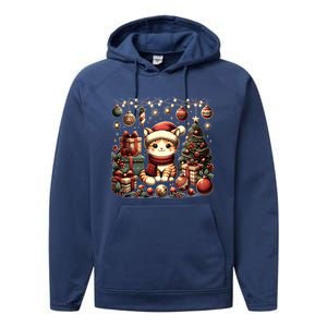 Cute Santa Cat With Christmas Stuff Performance Fleece Hoodie