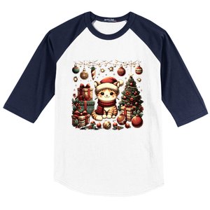 Cute Santa Cat With Christmas Stuff Baseball Sleeve Shirt