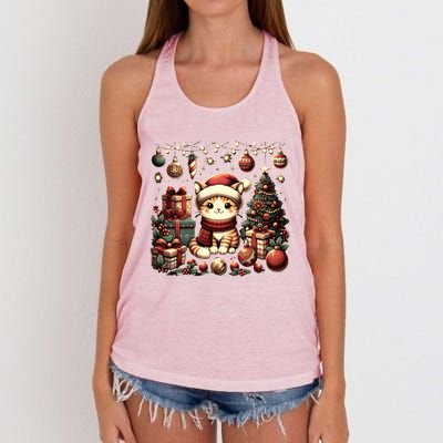 Cute Santa Cat With Christmas Stuff Women's Knotted Racerback Tank