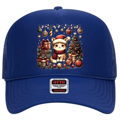 Cute Santa Cat With Christmas Stuff High Crown Mesh Back Trucker Hat