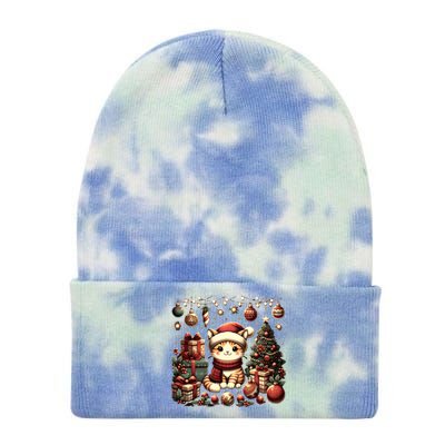 Cute Santa Cat With Christmas Stuff Tie Dye 12in Knit Beanie